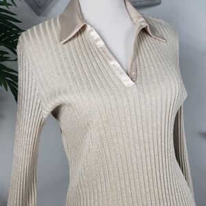Chapter One Tan Rib Knit w/Satin Collar & French Cuffs - Classic Normcore Large